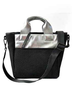 TRANSIENCE NEW Two Way Tote Metallic Silver Leather Mesh SM